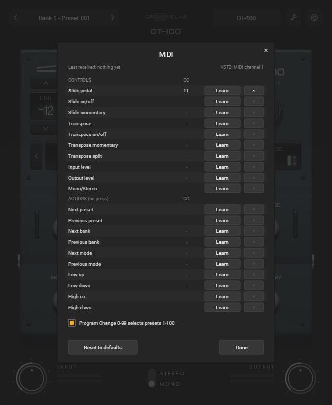DT-100 MIDI Learn panel