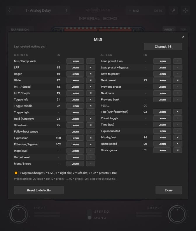 Imperial Echo MIDI Learn panel