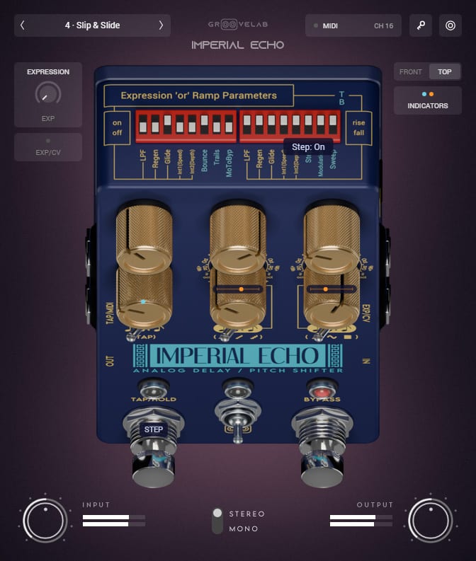 Imperial Echo top view with DIP switches, modulation tracks, ramp dot and STEP badge