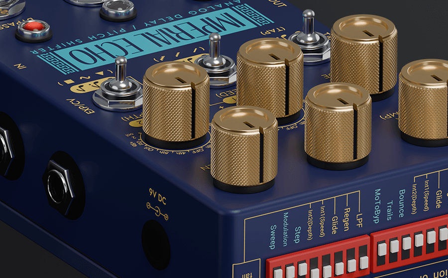 Imperial Echo gold knobs and DIP switch banks close-up