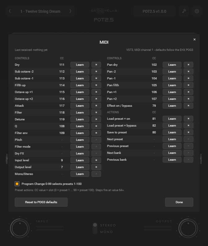 POT2.5 MIDI Learn panel