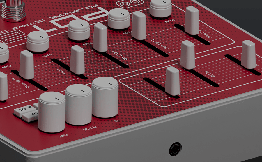 POT2.5 voice faders, pan knobs and filter controls close-up