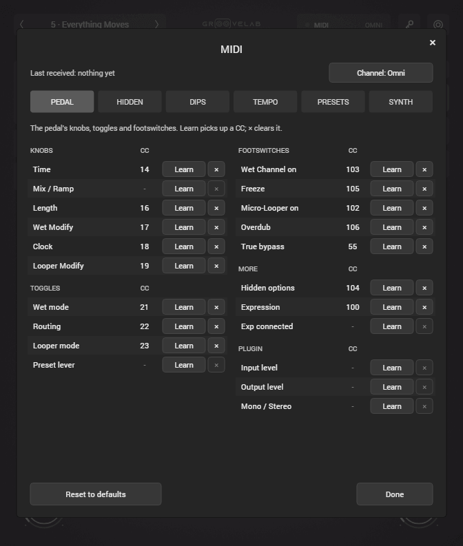 VIBE MIDI Learn panel