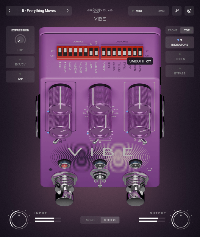 VIBE top view with DIP switches, hidden controls and indicators